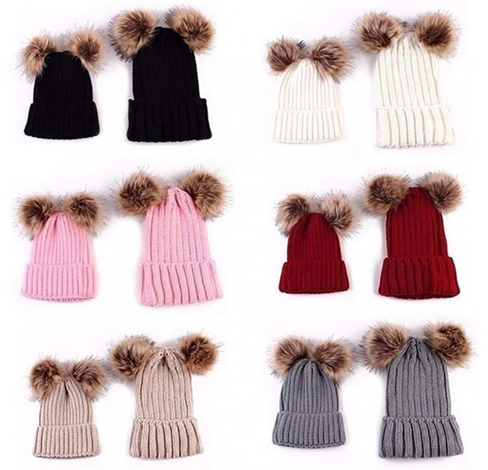 Skullies & Beanies Adults Children Double Fur Winter Casual Warm Cute Knitted Beanie Hats Hats & Caps - Red - C918AHL2L90 $16.43