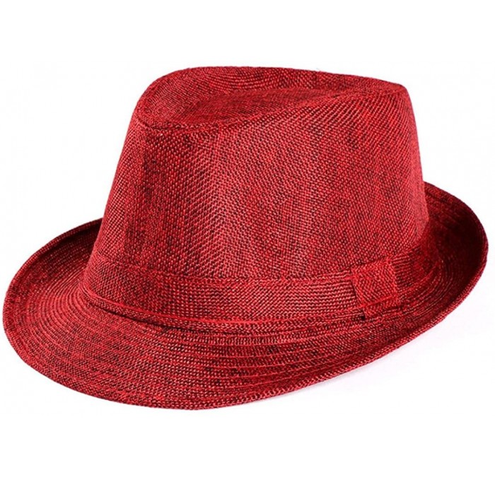 Sun Hats Women Men's Summer Short Brim Straw Fedora Beach Sun Hat Jazz Cap - Wine Red - CK18G9Y2QEL $7.17