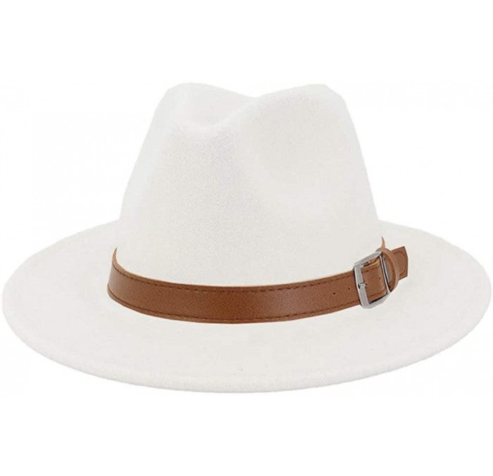 Fedoras Classic Men & Women Wide Brim Fedora Panama Hat with Belt Buckle - White - CK18YNDITU8 $12.67