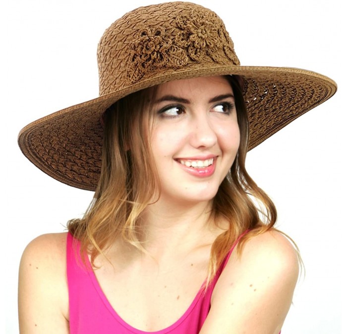 Sun Hats Women's Interweaved Crushable Floral Accent Adjustable Sun Hat - Brown - C011AQYHXDX $19.21