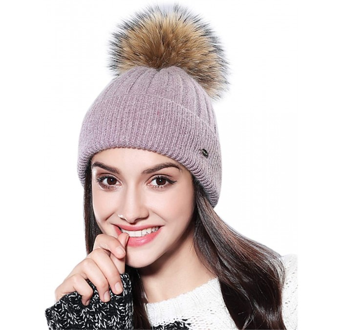 Skullies & Beanies Women Winter Kintted Beanie Hats with Real Fox Fur Pom Pom - Z-purple - CL18Y0SW0ME $15.25