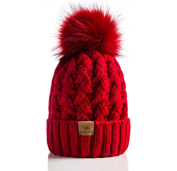 Skullies & Beanies Womens Winter Ribbed Beanie Crossed Cap Chunky Cable Knit Pompom Soft Warm Hat - Red - CM18WLMRQXL $15.26