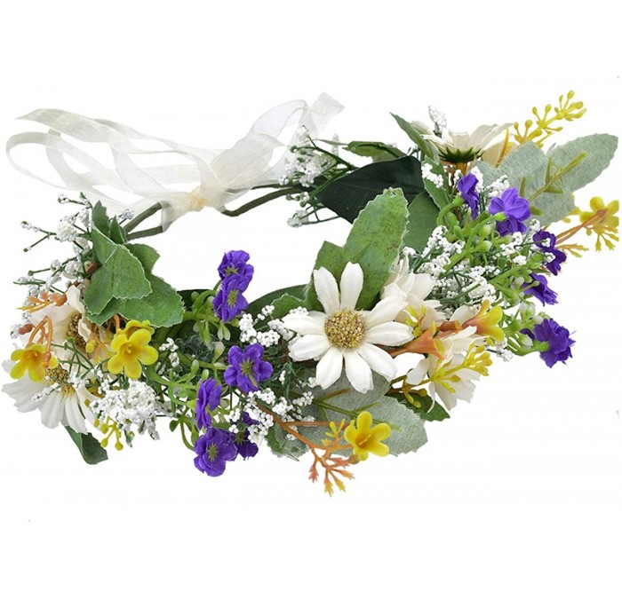 Headbands Boho Flower Crown Hair Wreath Floral Garland Headband Halo Headpiece with Ribbon Wedding Festival Party - A - C718U...