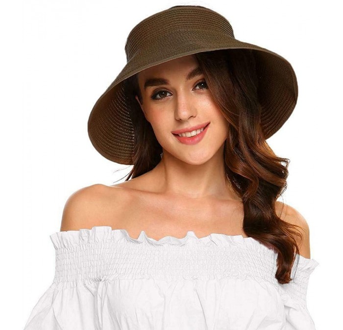 Sun Hats Womens Sun Visor Hat- Foldable Straw Sun Hat with Cute Bowtie - Coffee - CK1943DTC9U $20.27