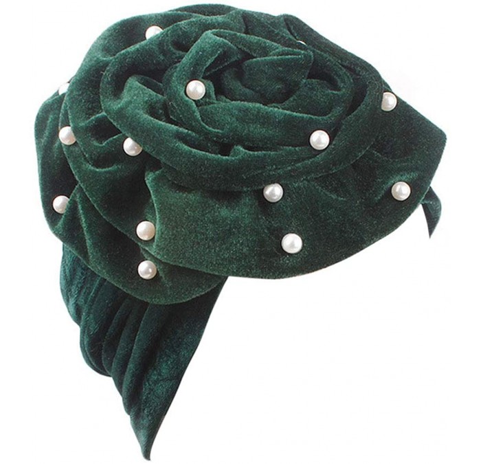 Skullies & Beanies Women Velvet Turban Hat Indian Cap Flower Slouchy Beanie Stretch Chemo Headwrap - Ic Flower Beads Green - ...