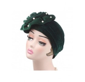 Skullies & Beanies Women Velvet Turban Hat Indian Cap Flower Slouchy Beanie Stretch Chemo Headwrap - Ic Flower Beads Green - ...