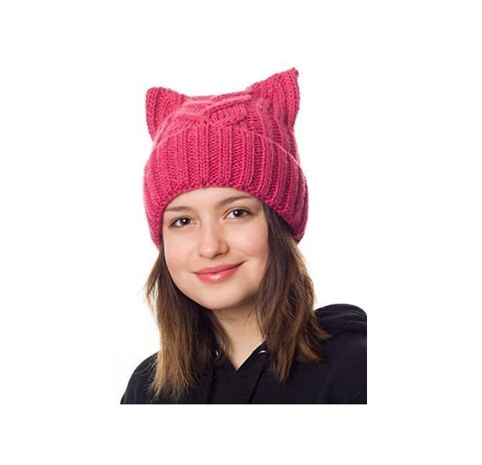 Skullies & Beanies Pussy Cat Hat Women`s March-Cat Beanie Pink-Winter Hat for Women Lined with Fleece - Hot Pink - CK189GNNR4...