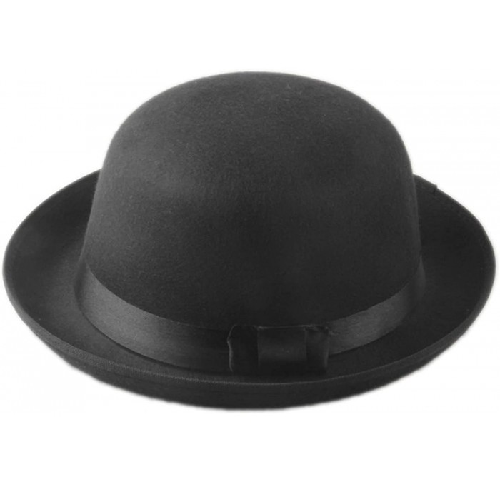 Fedoras Retro Hard Felt Women Men Fold Brim Billycock Round Top Crown Bowler Derby Hat (Size-57cm) - Black - C318MDOD648 $35.65