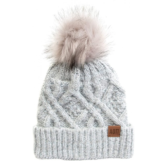 Skullies & Beanies Alpha Omicron Pi Faux Fur Pom Beanie Hat Winter AOII Gray - CS18NO7S9WX $48.77