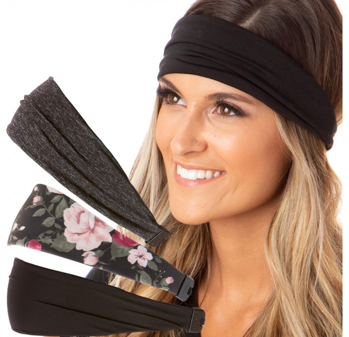 Headbands Adjustable Stretchy Printed Headbands - 3pk Black/Black Floral/Charcoal Xflex - C3196AGR653 $34.27