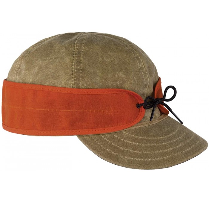 Newsboy Caps Waxed Cotton Cap - Lightweight Fall Hat with Earflaps - Field Tan/Blaze Orng - C3112GAO1QR $45.21