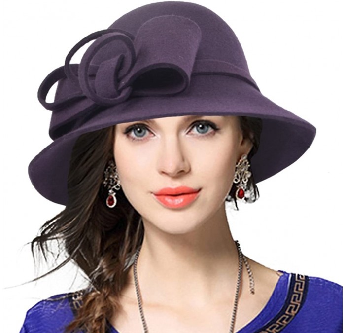 Fedoras Women's Fascinator Wool Felt Hat Cocktail Party Wedding Fedora Hats - Bow-purple - C4187R3XCEQ $24.40