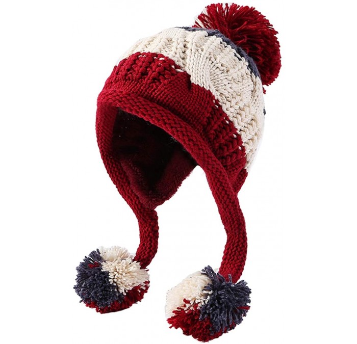 Skullies & Beanies Women Winter Peruvian Beanie Hat Ski Cap Fleece Lined Ear Flaps Dual Layered Pompoms - A07-8888-hongse - C...