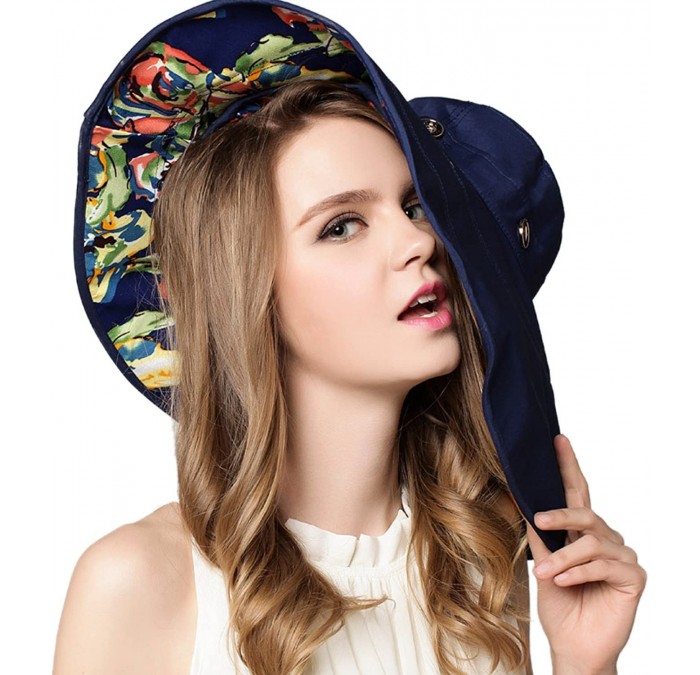 Sun Hats Womens Wide-Brimmed Bowler Hat Brim Foldable Sunscreen Beach Sun Hat - Dark Blue - CC185GY480M $18.63