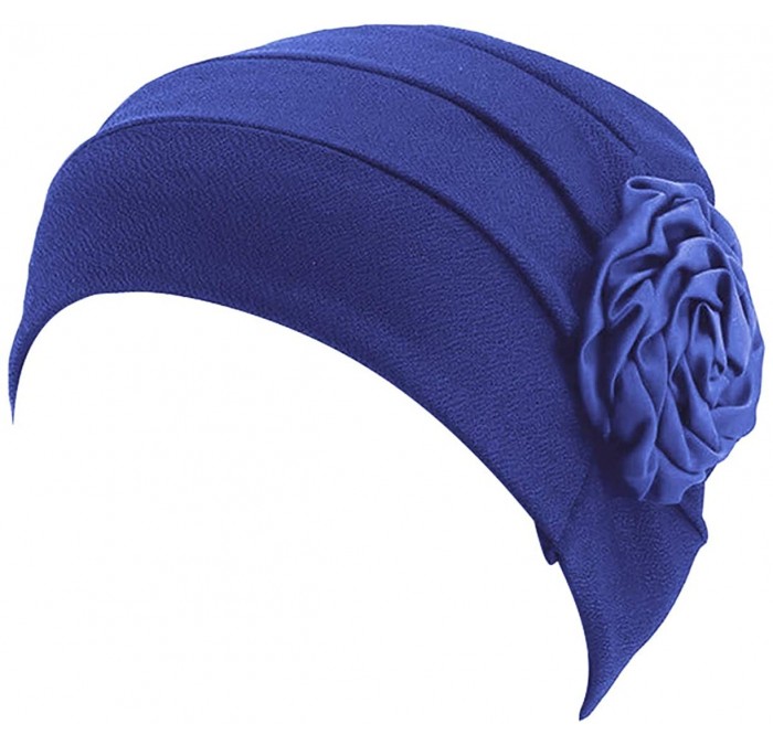 Skullies & Beanies Flower Chemo Turban Ruffle Headwear for Cancer Sleep Beanie Caps - Royalblue-1 Pair - C618SIOO39C $19.78