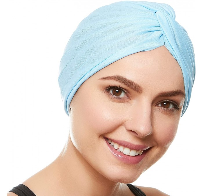 Headbands Womens Swim Cap Bathing Turban-Polyester Twisted Pleated Turban Head Cover - Light Blue - CG11LO2KESN $30.21