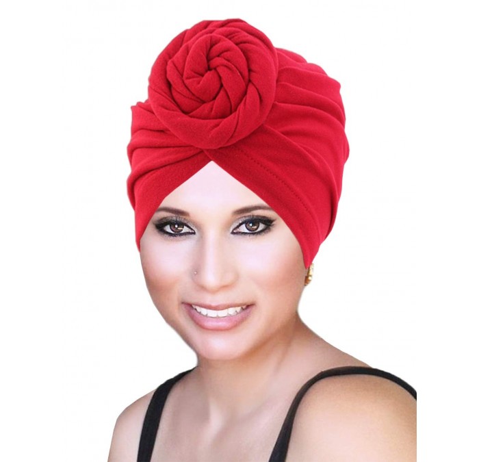Skullies & Beanies Knotted African Head Wrap for Women Knot Chemo Headwear Cotton Pre-tie Sleep Hat Red - Turban Headwrap Kno...