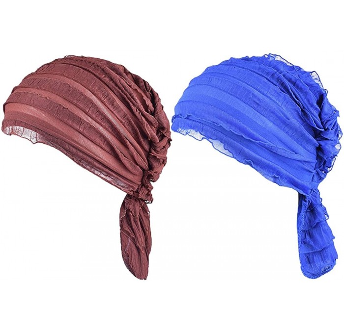 Berets Women 2 Pack Ruffle Chemo Hat Beanie Head Scarf Hair Coverings Cancer Caps - Color1 - C0182IZ3YZ3 $22.78