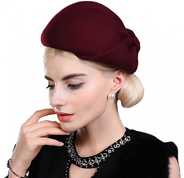 Berets Women's Autumn and Winter Bow Wool Beret Coffe - Wine Red - C112MCI073T $77.62