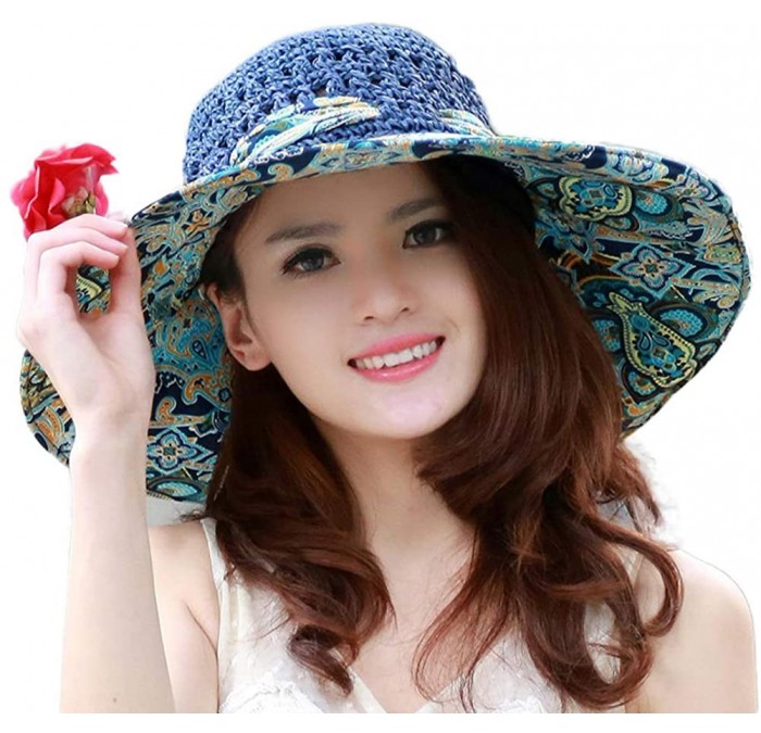 Sun Hats Sun Hat for Women Girls Large Wide Brim Straw Hats UV Protection Beach Packable Straw Caps - Flower C-blue - C918RH4...