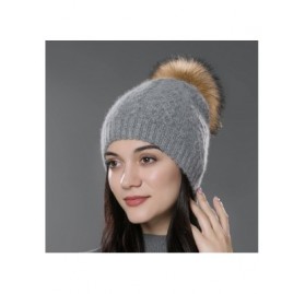 Skullies & Beanies Womens Winter Bobble Hat Unisex Wool Knit Beanie Cap with Fur Ball Pompom - Slate Gray With Raccoon Fur Po...