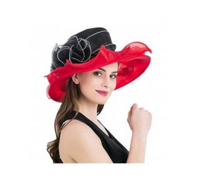 Sun Hats Women's Derby Hat Ruffle Brim Floral Aside Patchwork Organza Wide Brim Hat - White Top and Black - CU18NLTZ6R6 $37.69