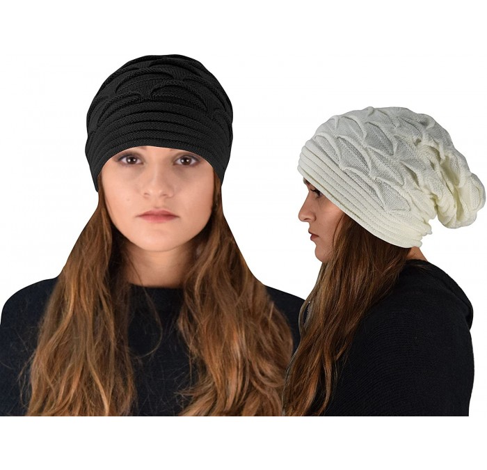 Skullies & Beanies Winter Warm Soft Knitted Baggy Beanie Slouchy Hat Skull Cap - Cream Black - CY12N9R3CRJ $21.07