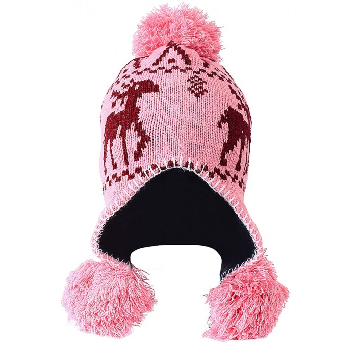 Skullies & Beanies Women's Knit Winter Beanie w/Earflap and Pom Balls - 3393_pink Deer - CN127SEA8K3 $16.08