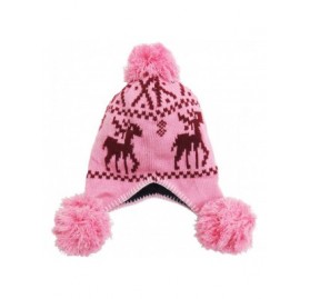 Skullies & Beanies Women's Knit Winter Beanie w/Earflap and Pom Balls - 3393_pink Deer - CN127SEA8K3 $16.08
