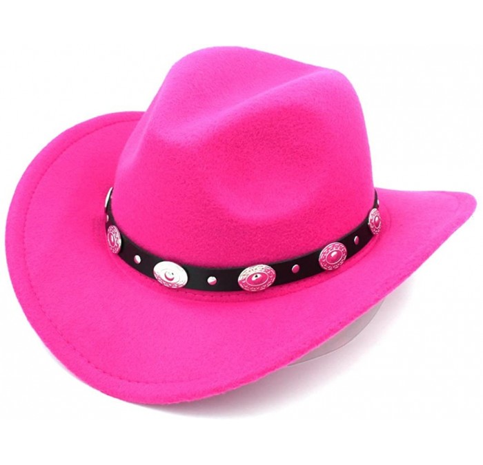 Cowboy Hats Womem Men Wool Blend Western Cowboy Hat Wide Brim Cowgirl Jazz Cap Leather Band - Rose Red - C8186I0SIWQ $24.34