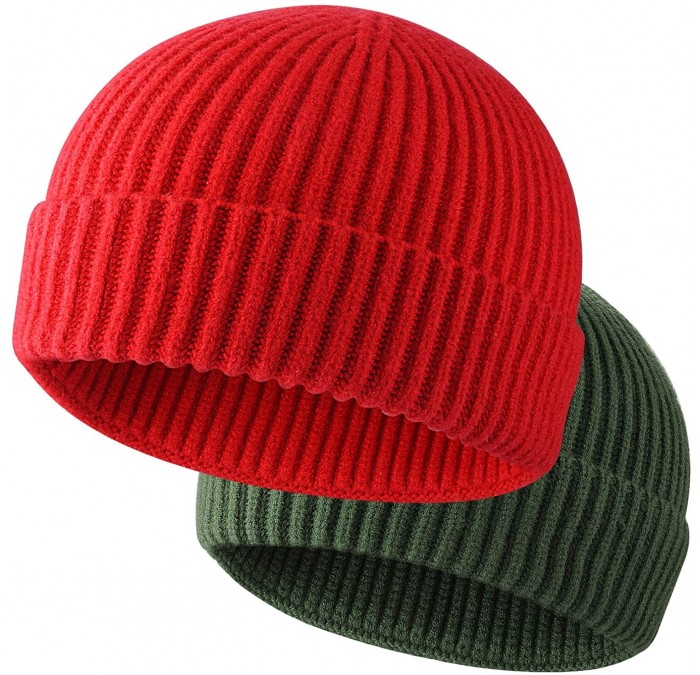 Skullies & Beanies 2PCS Swag Wool Knit Cuff Short Fisherman Beanie for Men Women- Winter Warm Hats - Set L(red+army Green) - ...