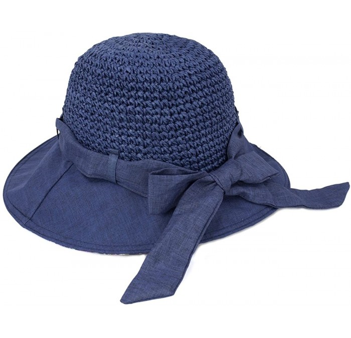 Sun Hats Women's Summer Sun Hat - Stylish Crochet Wide Brim Straw Hat - Navy Blue - CN11ZR0WW29 $46.29