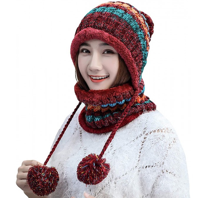 Skullies & Beanies 2 Pcs Knitted Hat Scarf Set for Women Winter Warm Fleece Lined Beanie Hat Earflap Ski Hat with Pompom - Re...