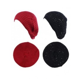 Berets Women's Fall French Style Cable Knit Beret Hat W/Sequin/Wooden Button - 2-pack Red & Black - CV18GHXQKQH $13.77