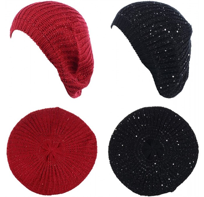 Berets Women's Fall French Style Cable Knit Beret Hat W/Sequin/Wooden Button - 2-pack Red & Black - CV18GHXQKQH $39.48