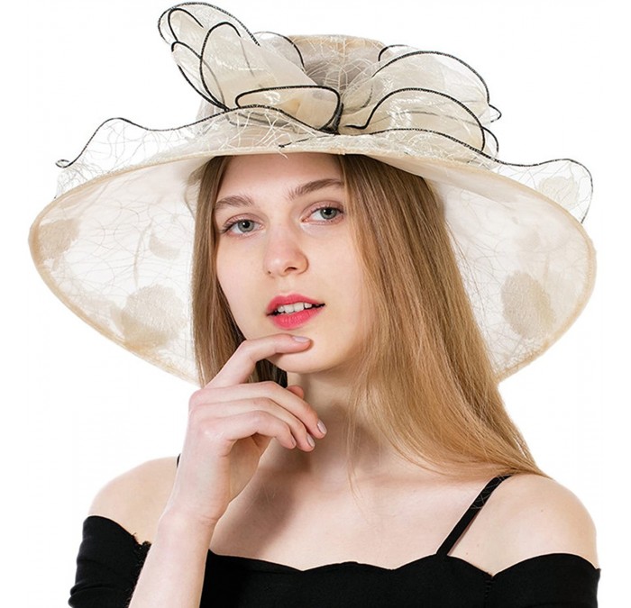 Sun Hats Women's Polka Dot Kentucky Derby Hats Church Hat Tea Party Wedding Organza Hats - Khaki - C417Z6W7RIE $27.87