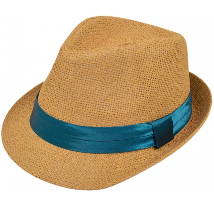 Fedoras Classic Tan Fedora Straw Hat with Ribbon Band - Diff Color Band Avail - Teal Blue Band - C611LGBBWA5 $10.76