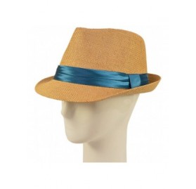 Fedoras Classic Tan Fedora Straw Hat with Ribbon Band - Diff Color Band Avail - Teal Blue Band - C611LGBBWA5 $10.76