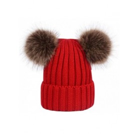 Skullies & Beanies Winter Women's Winter Knit Wool Beanie Hat with Double Faux Fur Pom Pom Ears - Red - CF18I39E3D6 $16.04
