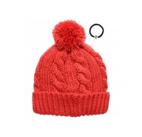 Skullies & Beanies Women's Thick Oversized Cable Knitted Fleece Lined Pom Pom Beanie Hat with Hair Tie. - Coral - C012JOJOTK1...