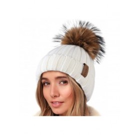 Skullies & Beanies Knit Beanie Hats for Women Double Layer Fleece Lined with Real Fur Pom Pom Winter Hat - CR18UYC8T4D $16.37