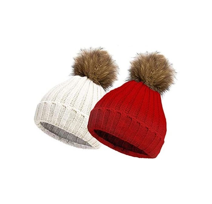 Skullies & Beanies Women Pom Pom Hat Winter Warm Knit Pom Beanie Hats - 2 Pack - White & Red - CM18I4KETXE $9.70
