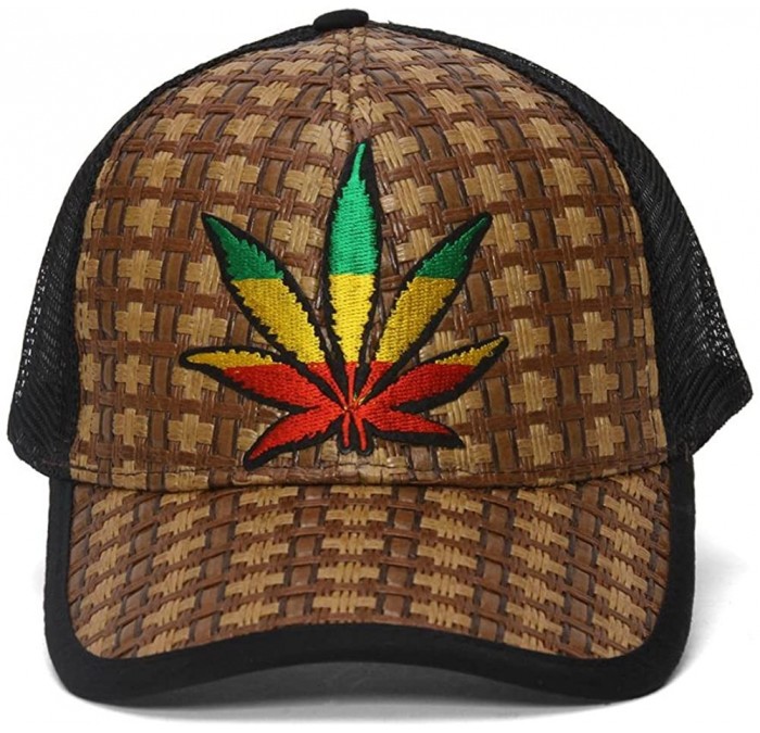 Baseball Caps Straw Adjustable Trucker Hat w/Patch (Various Fun Styles) - Rasta Pot Leaf - CN1227DJ2XP $20.79