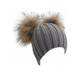 Skullies & Beanies Winter Knit Crochet Beanie Raccoon Fur Double Pom Pom Ball Bobble Hat Crochet Ski Cap - Grey - CY186NQ5U6K...