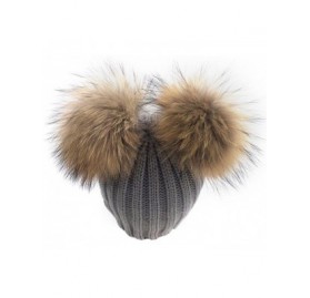 Skullies & Beanies Winter Knit Crochet Beanie Raccoon Fur Double Pom Pom Ball Bobble Hat Crochet Ski Cap - Grey - CY186NQ5U6K...