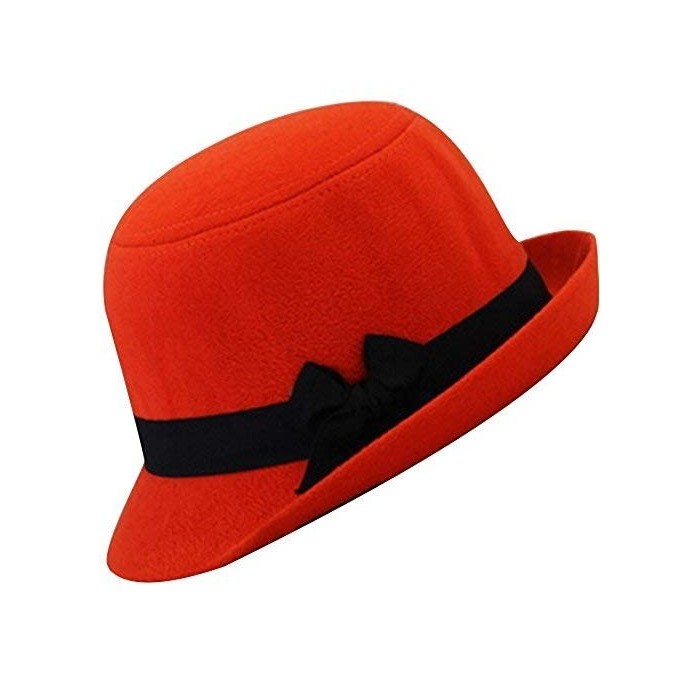 Fedoras Women's Candy Color Wool Rool Up Bowler Derby Cap Cat Ear Hat - Black Bow Orange - CT11PL6Z2K3 $8.94