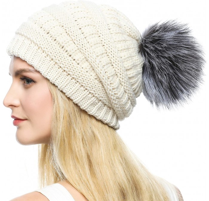 Skullies & Beanies Womens Girls Winter Knitted Slouchy Beanie Hat with Real Large Silver Fox Fur Pom Pom Hats - Slouch Beige ...