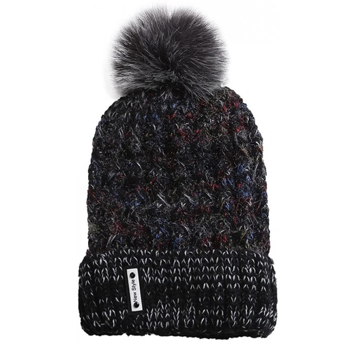 Berets Knit Caps For Women Wool Cosy Warm Beanie Winter Hat Ski Crochet Cap Pom Pom - Black - CK18IQ7OUK5 $21.50
