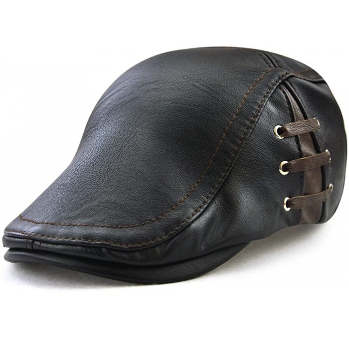 Newsboy Caps PU Leather Beret Hat Casquette Flat Visor Newsboy Cap for Men - Black - CD186M2OCIC $29.02