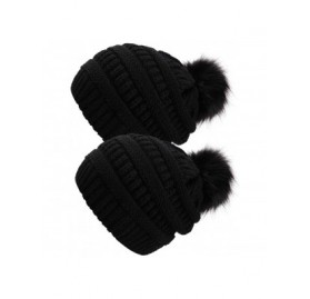 Skullies & Beanies Slouchy Winter Knit Beanie Cap Chunky Faux Fur Pom Pom Hat Bobble Ski Cap - Z-black/Black 2pcs - C918RWA8U...